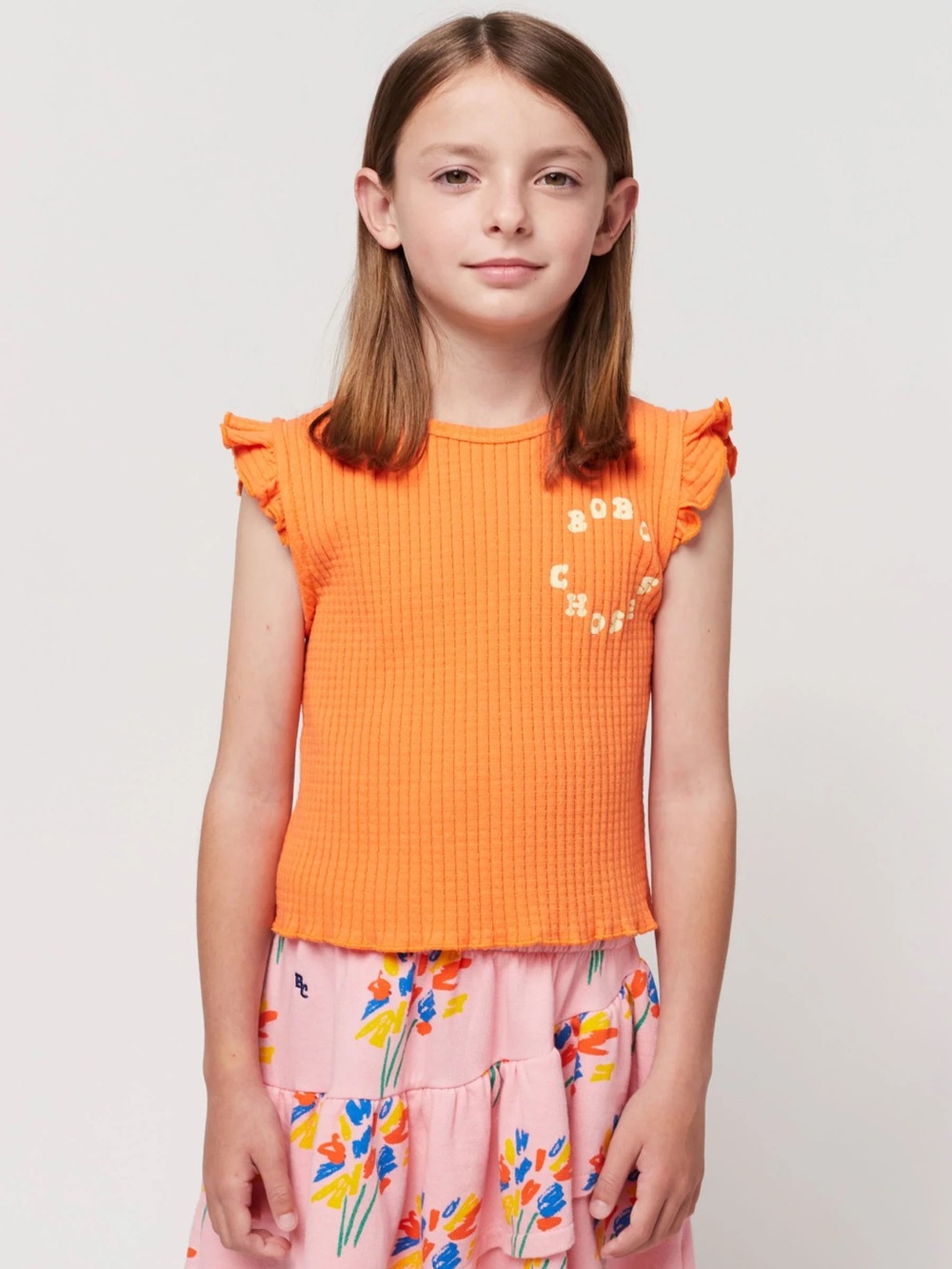 Bobo Choses Orange Ribbed Flutter-Sleeve Tank Top